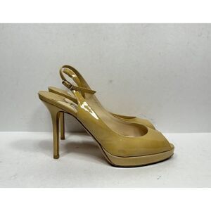 Jimmy Choo Patent Leather Tan High Heels Slingback Peep Toe Womens Size 7 / 37